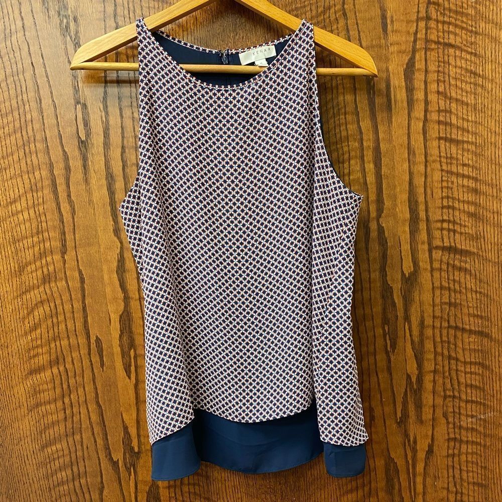 Kenar geometric print double layer halter neck sleeveless‎ flowy tunic blouse